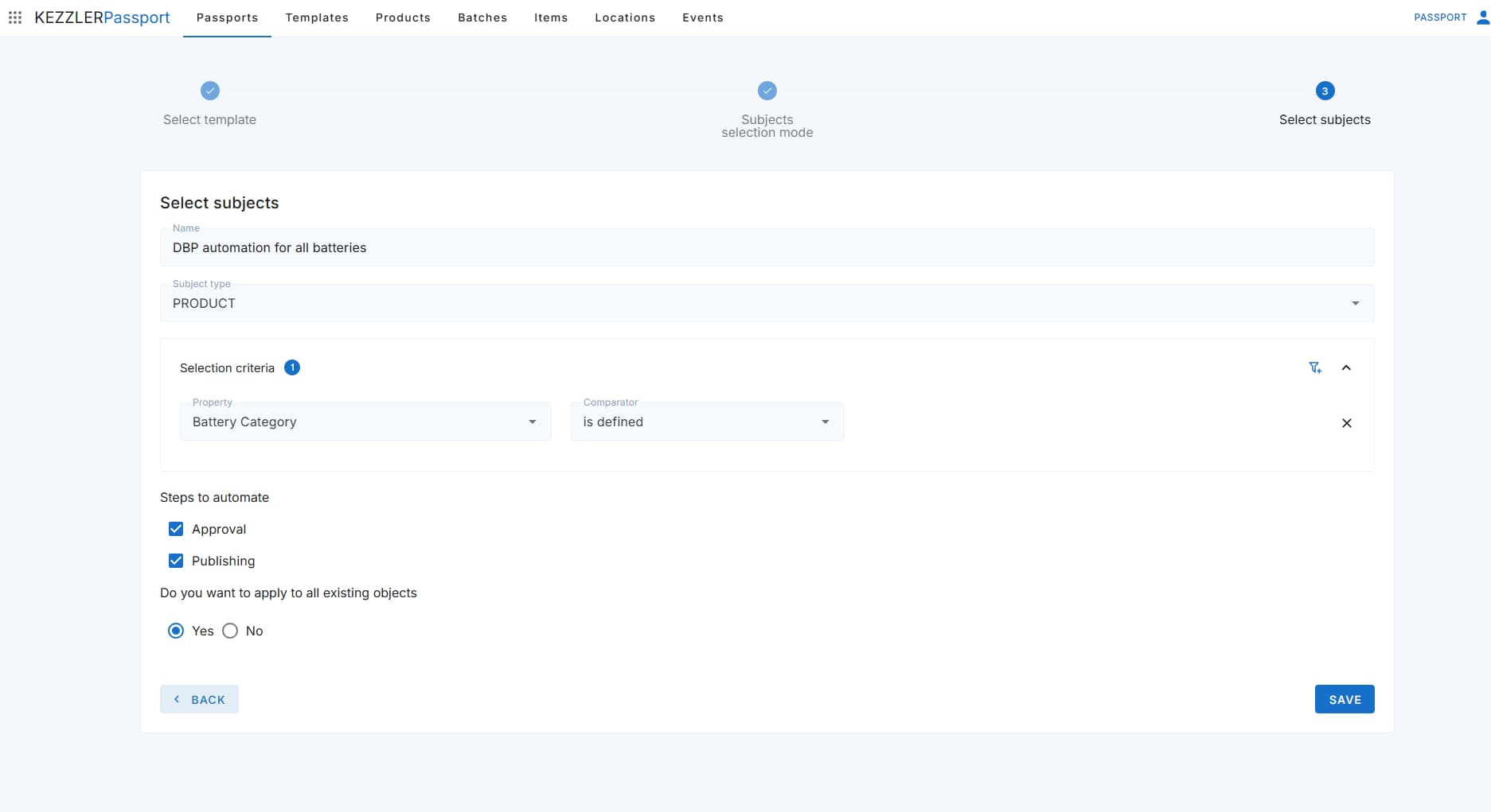 Kezzler Passport automation workflow setup screen showing subject selection, battery category filter, and approval and publishing stepsautomation workflow setup screen showing subject selection, battery category filter, and approval and publishing steps