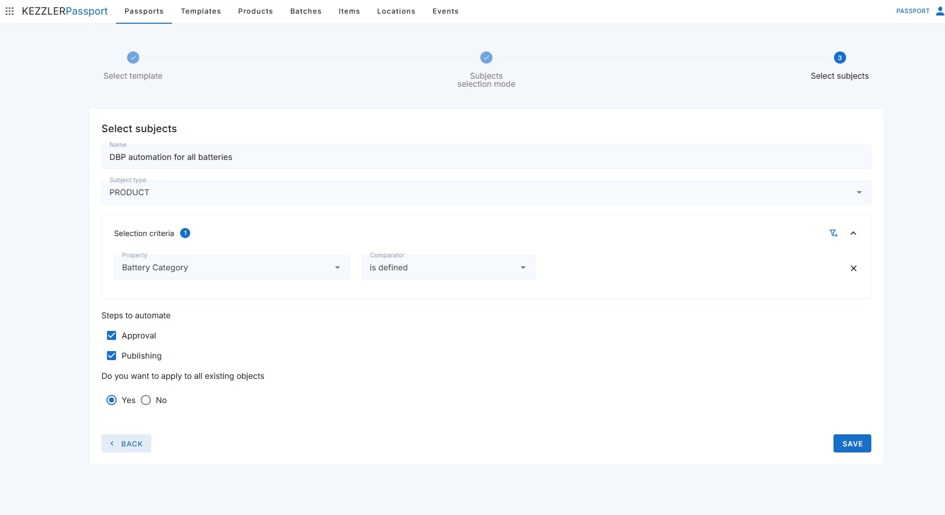 Kezzler Passport automation workflow setup screen showing subject selection, battery category filter, and approval and publishing stepsautomation workflow setup screen showing subject selection, battery category filter, and approval and publishing steps