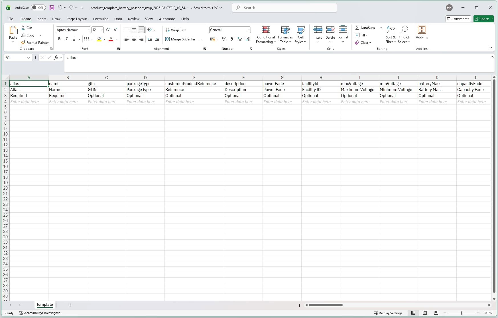 Redesigned Kezzler Excel bulk upload template with fields for GTIN, package type, facility ID, voltage, and battery mass.